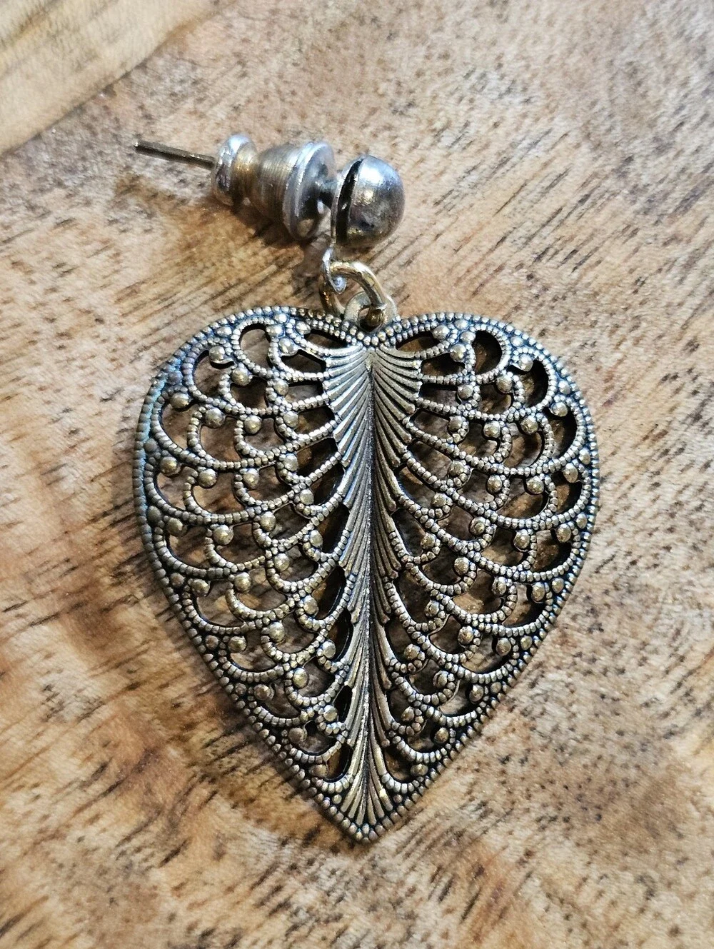 Antiqued Goldtone Filigree Heart Drop Earrings